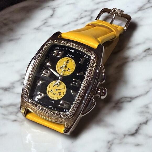 NWOT Geneva Watch Unisex Polish Silver Tone Yellow Strap Black Dial Quartz 50mm - Picture 1 of 8